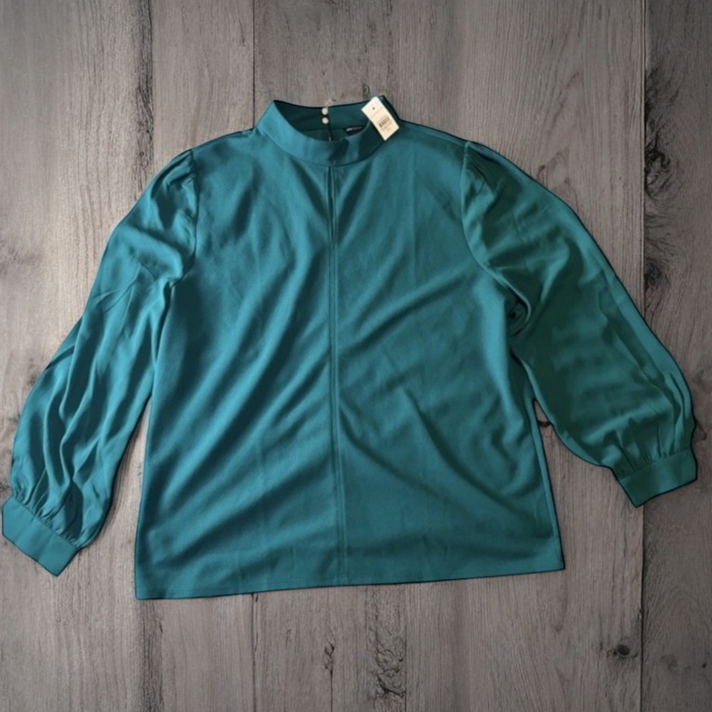 Ann Taylor Teal Long Sleeve Blouse XXL Mock Neck New with Tags‎